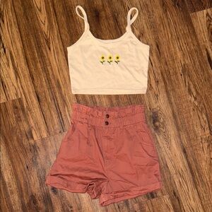 Women's Rust High-Waisted Paper Bag Shorts with Sunflower Crop Tank